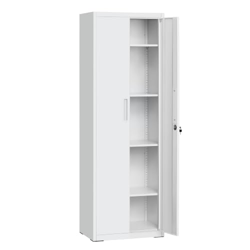 SONGMICS Armadietto Garage a 5 Ripiani con 2 Ante, Armadio Ufficio, 40 x 60 x 180 cm, 1 Serratura, Ripiani Regolabili, Armadio Metallo, Grigio Opaco OMC014G01