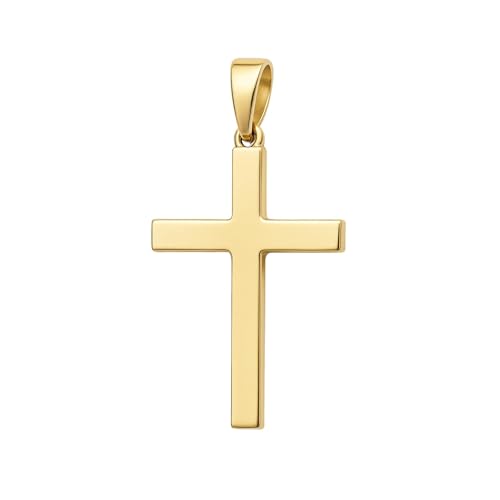 SHOP WGS Italian 14K Solid Gold Flat Cross Pendant for Men & Women - Real 14K Yellow Gold Cross Pendants for Women Religious Faith Catholic Jewelry (30 x 15MM)