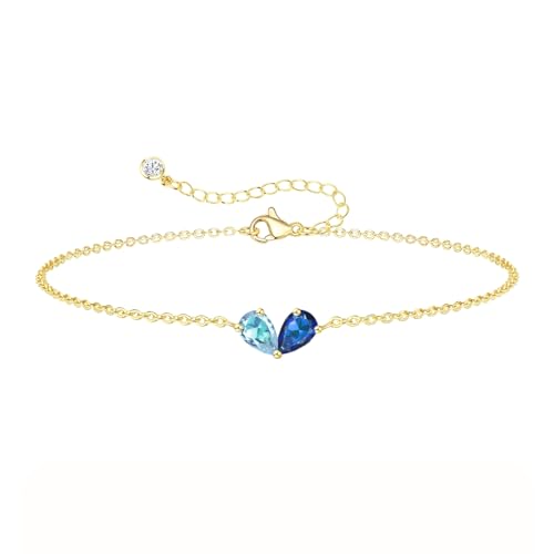 RLMOON Gold Bracelets for Women Dainty 2 Birthstone Bracelets Non tarnish 14K Gold Plated Heart CZ Bracelet for Mother and Daughter Anniversary Birthday Jewelry Gift