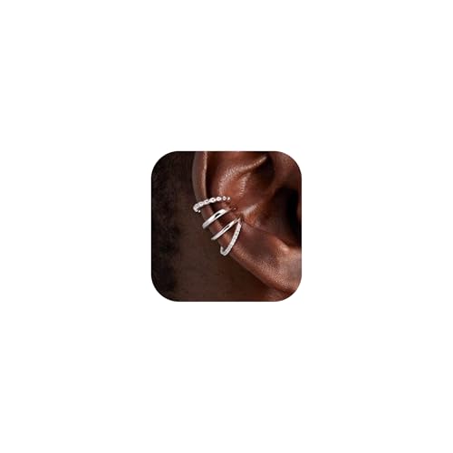 Sterling Silver Ear Cuffs for Women - Dainty Cartilage Earrings Trendy 925 Sterling Silver Plated Bead Double Huggie Hoop CZ Earring Set for Women No Tarnish Jewelry Gift
