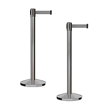 CCW Series RBB-100 - Set of 2 Stanchion Retractable Belt Barriers 11 Foot Belt, Light Grey Belt with Satin Stainless Steel Post
