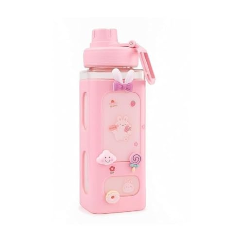 Image of Water Bottle with Straw 700ml Square Plastic Sipper Bottle with Strap, Leakproof Lid and Measurement Scale,Bear Design (Pack of 1)
