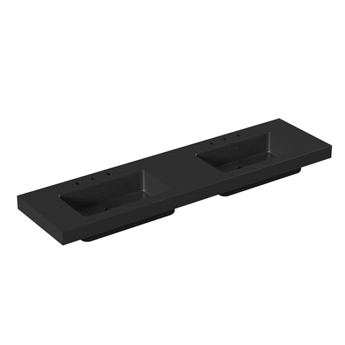 CITTANEO 71" x 19" Vanity Top Double Sink, Matte Black Engineered Stone