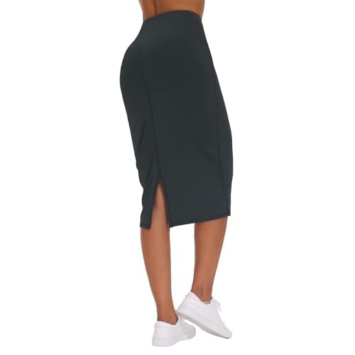 THE GYM PEOPLE Women's High Waist Tummy Control Pencil Skirts Stretchy Bodycon Midi Skirt Below Knee with Back Slit