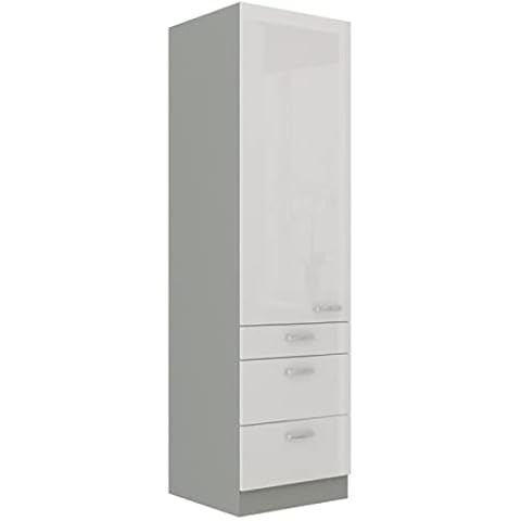Küchen Hochschrank 60 Bianca Weiß Hochglanz + Grau Küchenzeile Küchenblock Cover