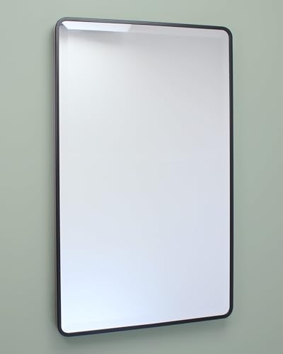Image of 16x26 Austin Farmhouse Metal Framed Rounded Rectangle Recessed Bathroom Medicine Cabinet, Beveled Mirror, 14x24 in-Wall Opening, powder-coated Steel, Adjustable Glass Shelves, Magnet Close, Black