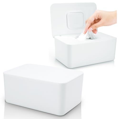 Image of 2 Pack Lijroavy Baby Wipes Dispenser, Baby Wipe Holder for Fresh Wipes, Non-Slip Baby Wipes Container, Refillable Wipes Box, Wipes Case with Sealing Design Lid (White and White)