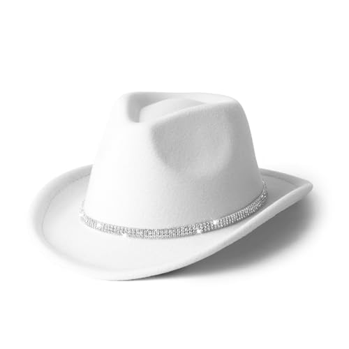 Gossifan Western Hats Boys Girls Cowboy Felt Hat Sparkly Rhinestone Cowgirl Hat-Diamond White