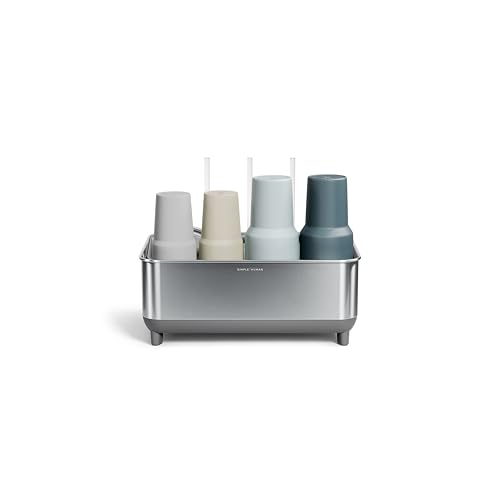 simplehuman Bottle Dock, Fast Drying Bottle Rack with Steel Frame &amp; Diatomaceous Earth Base, Three-Compartment Organizer for Tumblers, Caps &amp; Straws, Built-in Straw Holder, Brushed Stainless Steel