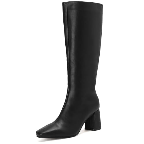 Putu Knee High Boots for Women, Chunky Heel Square Toe Tall Boots, Fashion Zip Up Long Boots