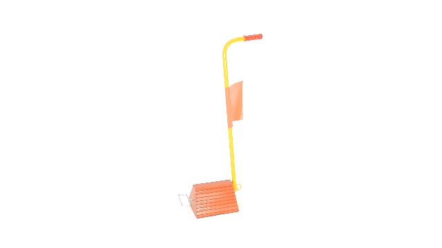 Image of Vestil ORWC-8-ERGO-FL Molded Rubber Wheel Chock with Handle and Flag 8 in. Orange /Yellow