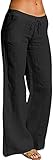RUSHAIBAR Women's Cotton Linen Long Lounge Pants High Waist Drawstring Loose Fit Casual Trousers with Pockets Black L