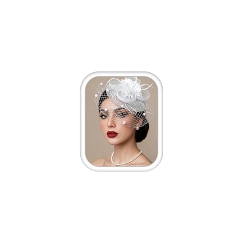 LOLIAS Fascinators Hats for Women Tea Party Hat Feather Mesh Headband Church Hat Clip Veil Headwear with Necklace Derby Pillbox White