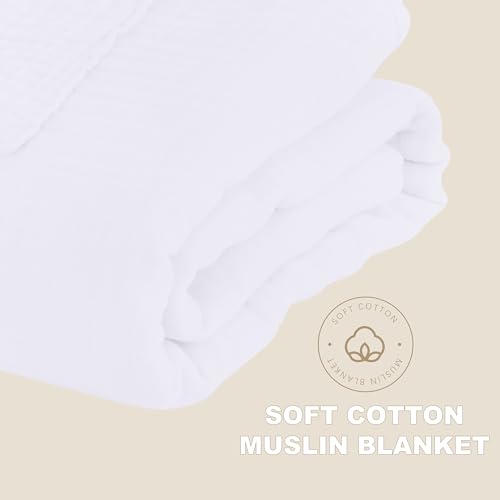 Image of Cosy Family 6 Layer Muslin Bed Blanket - Breathable and Lightweight Gauze Boho Blanket for Spring, Soft 100% Cotton Muslin, White, 80x90 Inches