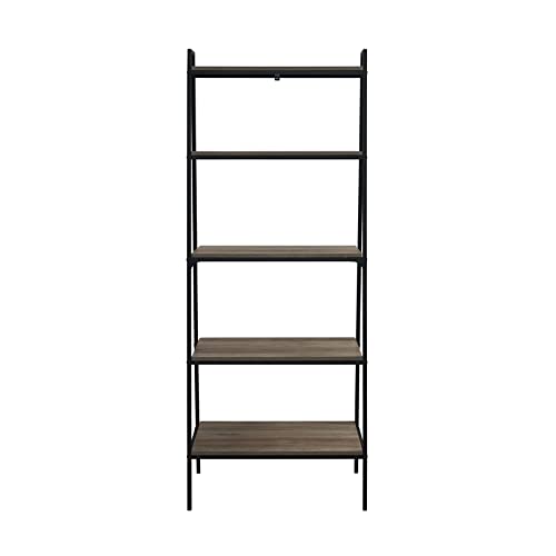 Walker Edison Industrial Metal And Wood Ladder Bookcase Tall Bookshelf Home Office Storage Cabinet, 28"L X 18"W X 72"H, Grey Wash #TOP6