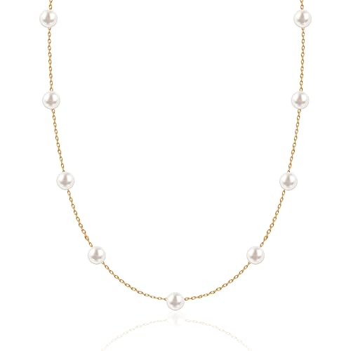 Dainty Pearl Necklace for Women, 18K Gold Plated Choker Necklace