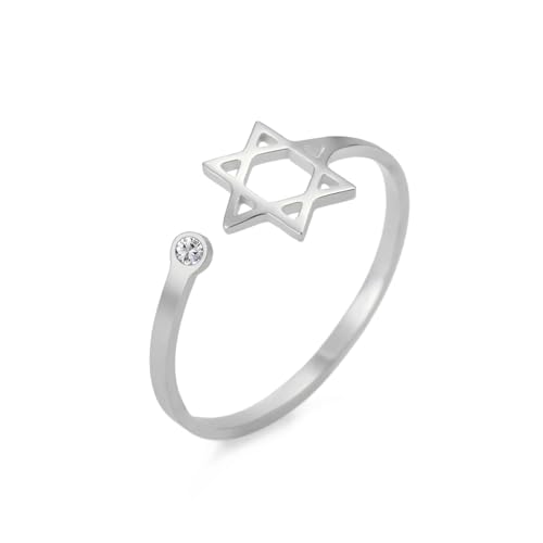 Dreamtimes Estrella de David Anillos para mujeres Anillos abiertos ajustables de acero inoxidable con hexagrama de circón claro Anillo judío Corazón de fe Estrella de David Joyería judía (Plata)