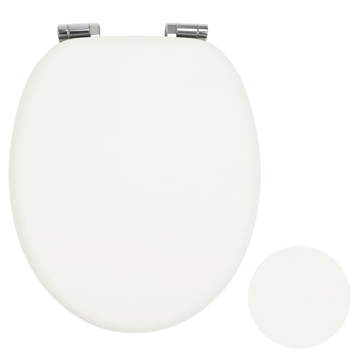 Fanmitrk Universal Wooden Toilet Seat Soft Close, Made of MDF with PVC Leather-Look Material, Adjustable Hinges with Bottom Fixture, Easy to Install for Bathroom43.5 x 37.3 x 5.5 cm (Ivory White)