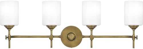 Quoizel Aria Mid-Century Modern Bath Vanity Lights, 31 Inch 4-Light Weathered Brass Bathroom Lighting Fixtures Over Mirror, Opal Etched Glass, 100W, Wall Mount Light for Bathrooms, Kitchen or Hallway