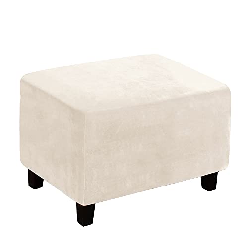 Set of 1 Stretch Velvet Rectangle Footrest Foot Stool Cover Slipcovers Ottoman Cover Furniture Protector Cover with Elastic Bottom for Living Room (Cream, Large)