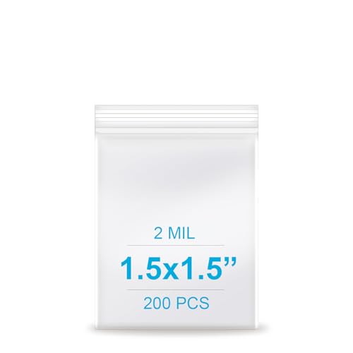 1.5''x 1.5'', (Pack of 200) 2 mil Thick Clear Plastic Reclosable Zip Poly Bags with Resealable Lock Seal Zipper for Photo, Jewelry, Bakery, Treats, Travel, Storage, Packaging & Shipping