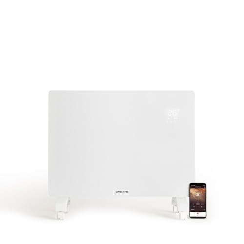CREATE/WARM CRYSTAL 1500W / Convector eléctrico de cristal con wifi y ruedas blanco/App, sensores de precisión, temporizador, bajo consumo, instalación en pared o suelo, pantalla LED, 1500W