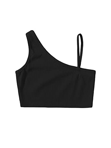 Milumia Girl Casual Ribbed Knit Crop Top Solid Sleeveless Asymmetrical Summer Tops Black 10 Years #TOP17