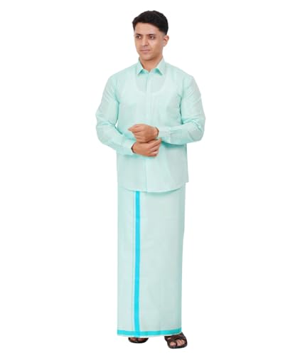 Image of Men's Traditional Indian Shirt and Dhoti Set, Full Sleeves Tissue Silk Cotton Shirt With Dhoti 2 metres for men