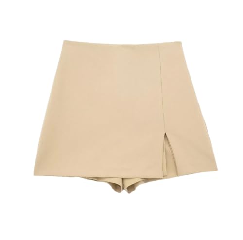 Women's Slit Skort High Waist Side Zipper Casual All-Match Solid Color Female Culottes Khaki M