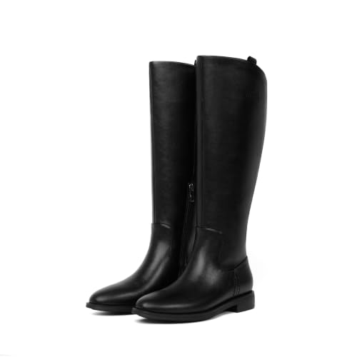 Image of Modatope Knee High Boots Women Rounded Toe Flat Retro Bais Opening Low Chunky Heel Riding Boots