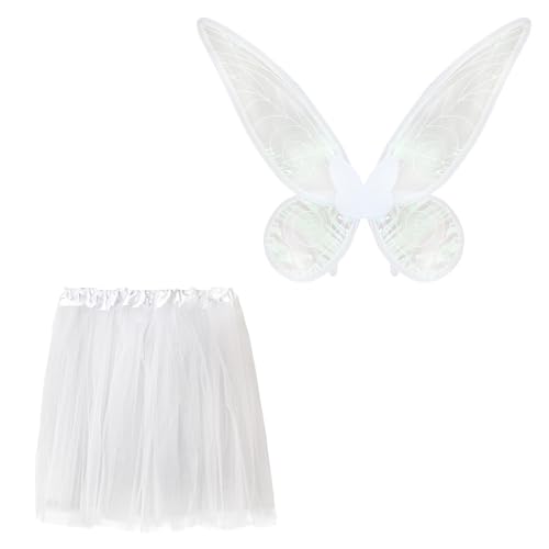 Disfarce de fada para mulher, conjunto de saia e asas de tule verde, fantasia de princesa de elfo da floresta para Halloween, eventos de fantasia, carnaval (branco, adulto/40 cm, fada da floresta)