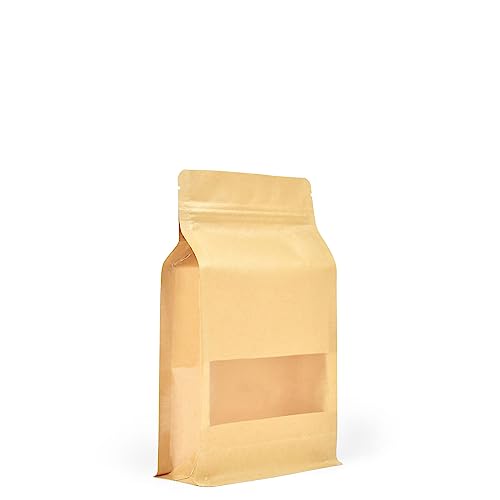 Evergreen Goods Lot De 50 Sacs Kraft à Fond Plat Avec Fenêtre (140 X 240 Mm) – Emballage Alimentaire Réutilisables – Sacs Thermoscellables à Fermeture éClair Pour Grains Café, Noix, Graines Et Encore