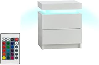 OFCASA 2 Drawers Bedside Cabinet with LED Lights White Gloss and Matte Top Storage Cabinet Wooden Bedside Table for Bedroom