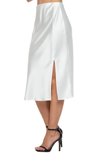 RENEEC. Women Solid Satin High Waist Elastic A Lined Slit Midi Skirt - Made in USA2