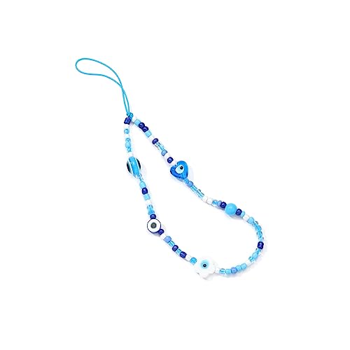 COLORFUL BLING Beaded Evil Eye Pearl Natural Stone Phone Charm Lanyard Wristband Cute Flower Charm Anti-loss Chain Aesthetic Accessories Love Lucky Protection Gift-B blue heart