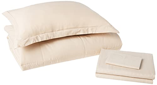 Image of Sweet Home Collection 8 Piece Bed in a Bag with Dobby Stripe Comforter, Sheet Skirt, and Sham Set, Twin, Beige, 8