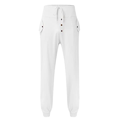 White Linen Pants Drawstring Elastic Waist Skinny-Fit Solid Loose Trousers Fashion Casual Double Pockets Pants3