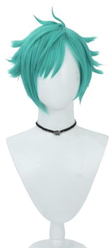 Aphelios Cosplay Wig Short Men Anime Wig Cyan Green Straight Wig with Bangs Heat Resistant Synthetic Hair for Party