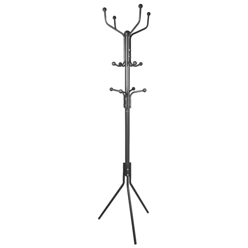 Harbour Housewares Coat Rack Black - Free-Standing Steel Coat Stand with Umbrella Holder and 12 Hooks for Jackets, Hats, Bags - Compact Entryway Hallway Storage, 182cm