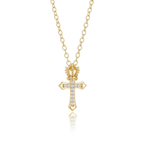 Crown Cross Pendant Necklace Chunky Cross Necklace for Women Statement Necklace 14K Gold Plated Dainty Cross Necklace