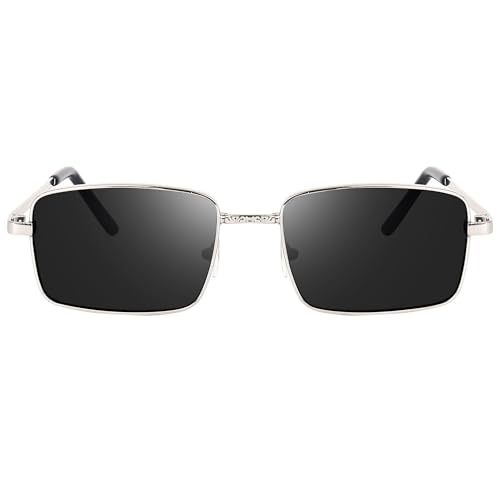 Image of Classic Rectangular Metal Frame Sunglasses, Silver Frame with Black Lenses, UV Protection