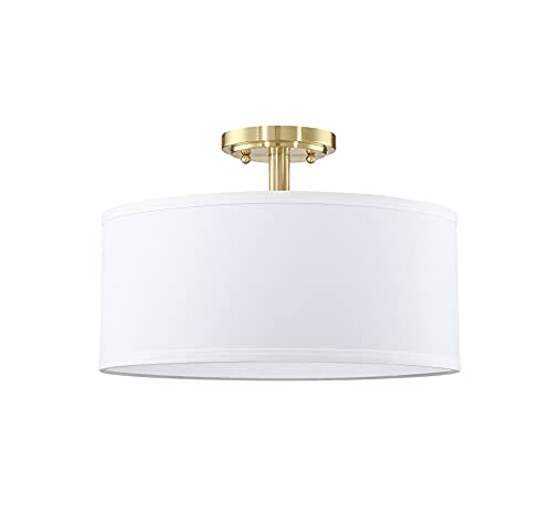 15" 2 Light Off White Fabric Drum Shade semi Flush Mount Ceiling Light PS Diffuser with Brushed Bronze Finish, Chandeliers Shade for Bar, Dining Room, Corridor,Living Room