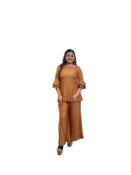 AURAA by KiVvarA Women's Co-ord Set, Burnt Orange, Premium Stretch Fabric, 2-Piece with Dramatic Sleeves-picture-44