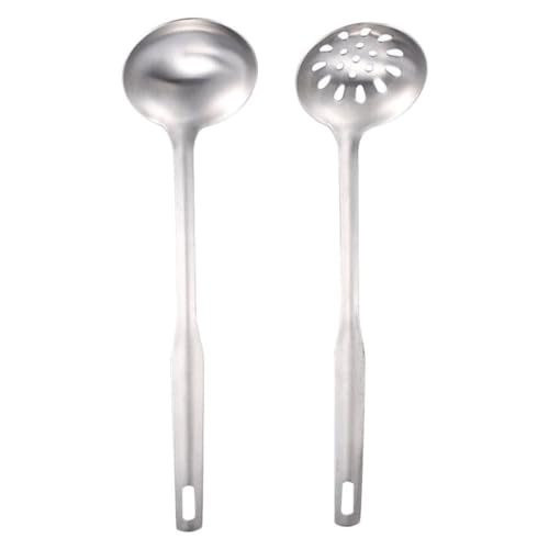 Cabilock 1set Stainless Steel Hot Pot Spoon Strainer Handle Soup Ladle Fine for Draining Oil for Noodles Fried Foods Comfortable Grip Kitchen Utensil
