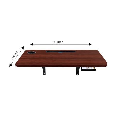 Image of wow craft Wall-Mounted Multipurpose Study Table for Home & Office | Foldable Wooden Desk with Drawer, Cable Slot & Cup Holder | Space Saving Workstation (Brownn)
