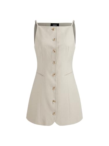 CIDER Mini Dress Button Down Sleeveless Linen Blend Boat Neck Dresses for Women Daily Casual Short Dress Beige