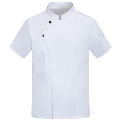 YGERGWE Chaqueta de chef para hombre, manga corta, uniforme de chef profesional, abrigo de cocina transpirable para hombre, ropa de trabajo ligera con bolsillos para restaurante, Blanco 3, 4XL