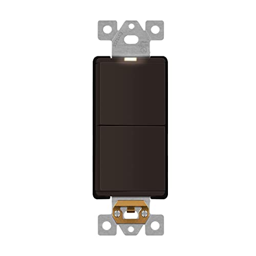 Image of LIDER Minimalist Design Lighted Double Switch, Combination Frameless Decorator Switch with Locator Light, Ground Terminal, Single Pole, 15A 120-277V, UL Listed, Thermoplastic, Matte Brown, 1-Pack