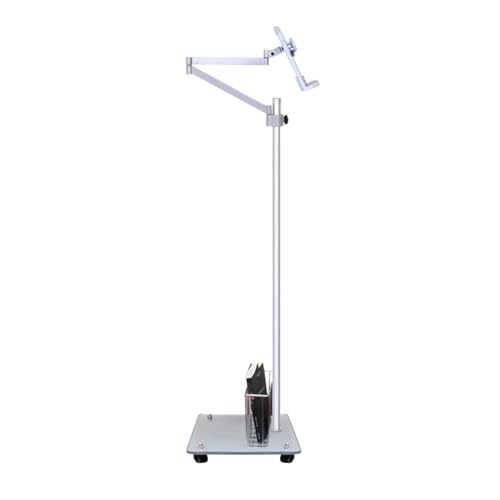 収納バスケット付きスタンディング読書スタンド、2 In 1ブックスタンド、デスクモバイルポディウム、高さ25?110cm調節可能、強化ガラスベース、携帯電話タブレット用