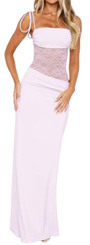 Image of Women's Lace Splicing Cutout Maxi Dress Square Neck Sleeveless Bodycon Long Dress with Sheer Corset